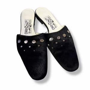 Salvatore Ferragamo COLLECTION Minimalist Black Pony hair mules 90s Milan Cutout